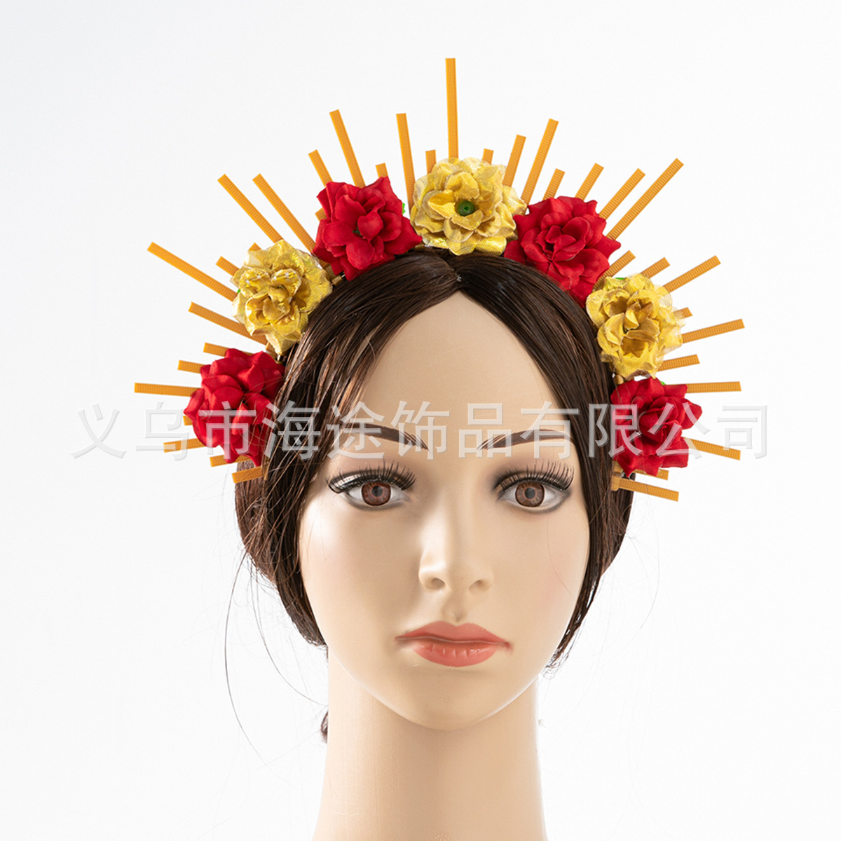 跨境欧美红色小花皇冠发箍头扣 圣母光环优雅气质新娘发饰批发