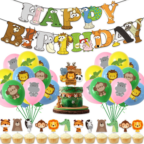 Jungle Animal Children‘s Birthday Theme Party Paper Banner Cake Inserting Card Rubber Balloons Grassland Set
