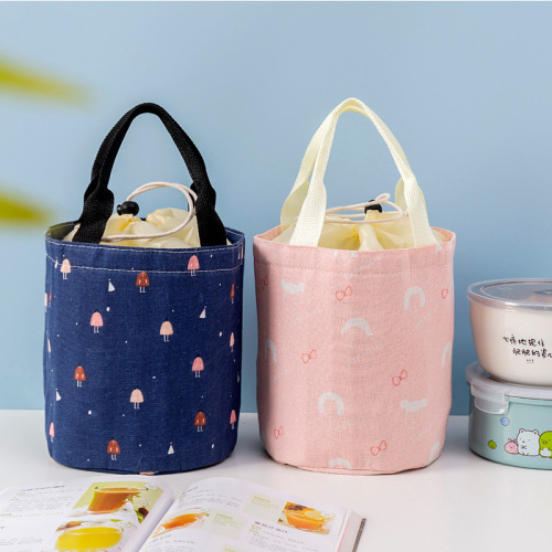 Imitation Linen series Cylinder Insulation Bag Portable Drawstring Large Capacity Thickened Aluminum Foil Preservation Bento Lunch Box Bag