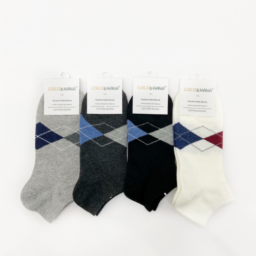 Cotton Men‘s Socks Low Cut Socks Diamond Plaid Athletic Socks Black and White Gray Boat Socks Spring and Autumn Summer Breathable Socks