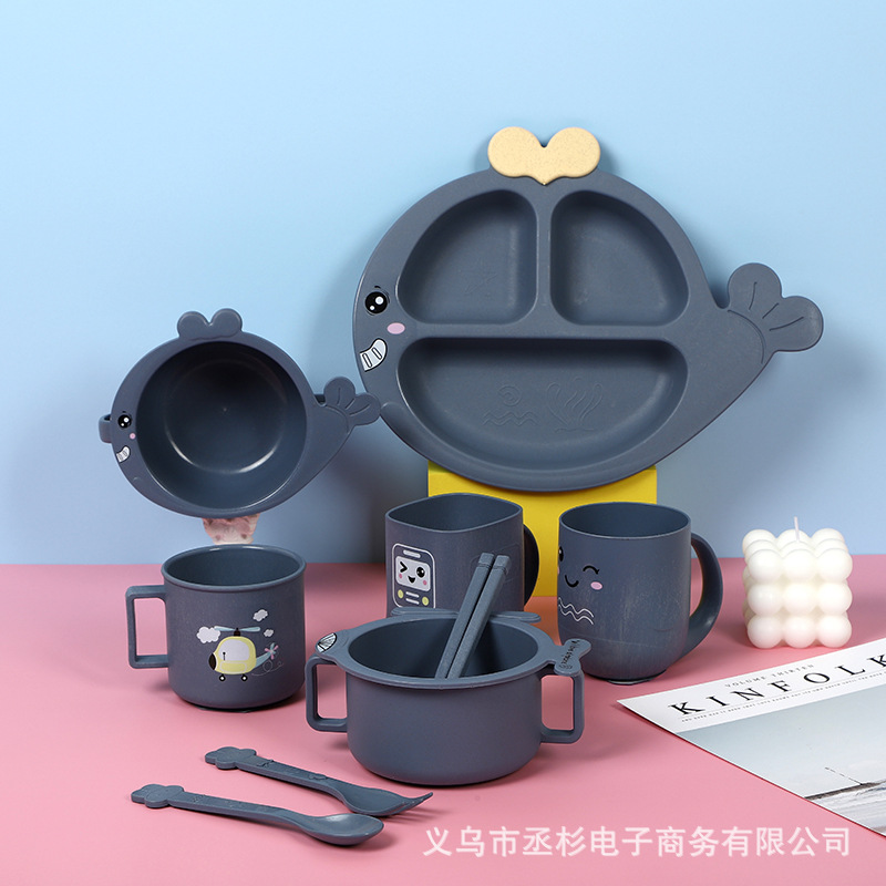6件套鲸鱼儿童卡通分格餐盘小宝宝辅食碗筷小麦秸秆防摔餐具套装