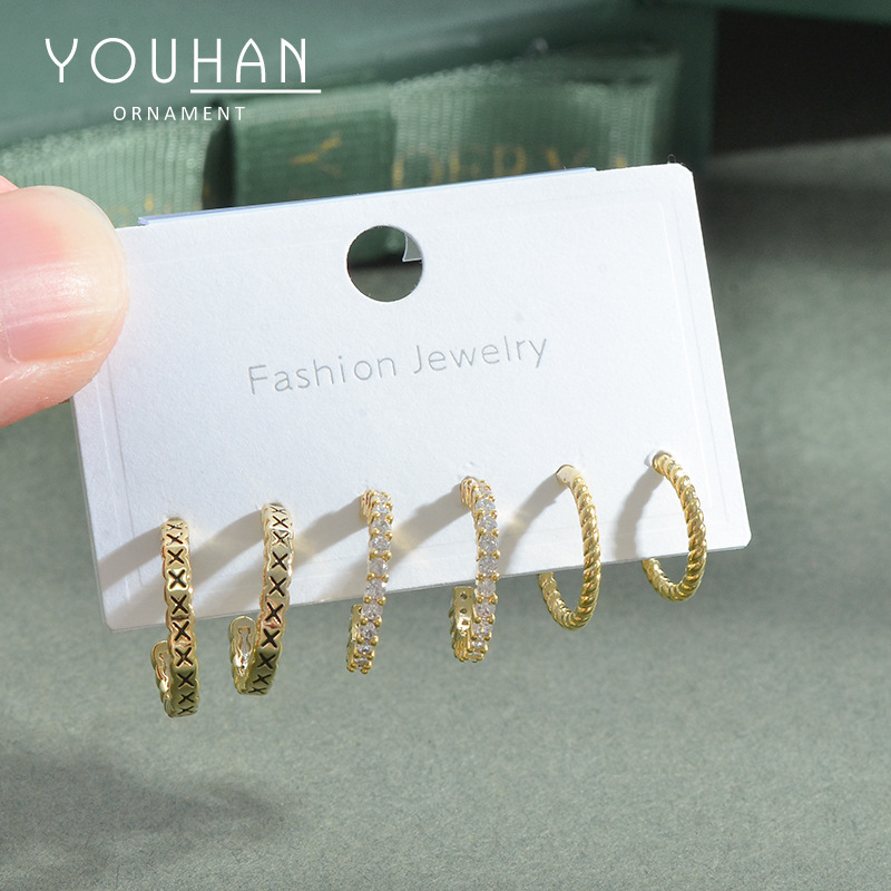 S925银针时尚少女微镶锆石耳钉一卡三对学生迷你简约耳饰源头工厂