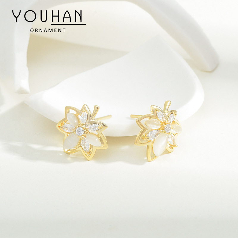 韩版叶子锆石耳钉女s925银针小巧简约网红百搭耳饰气质猫眼石耳环