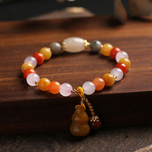natural jinsi jade bracelet jade bracelet ethnic style men‘s and women‘s round bead gourd topaz bracelet jewelry