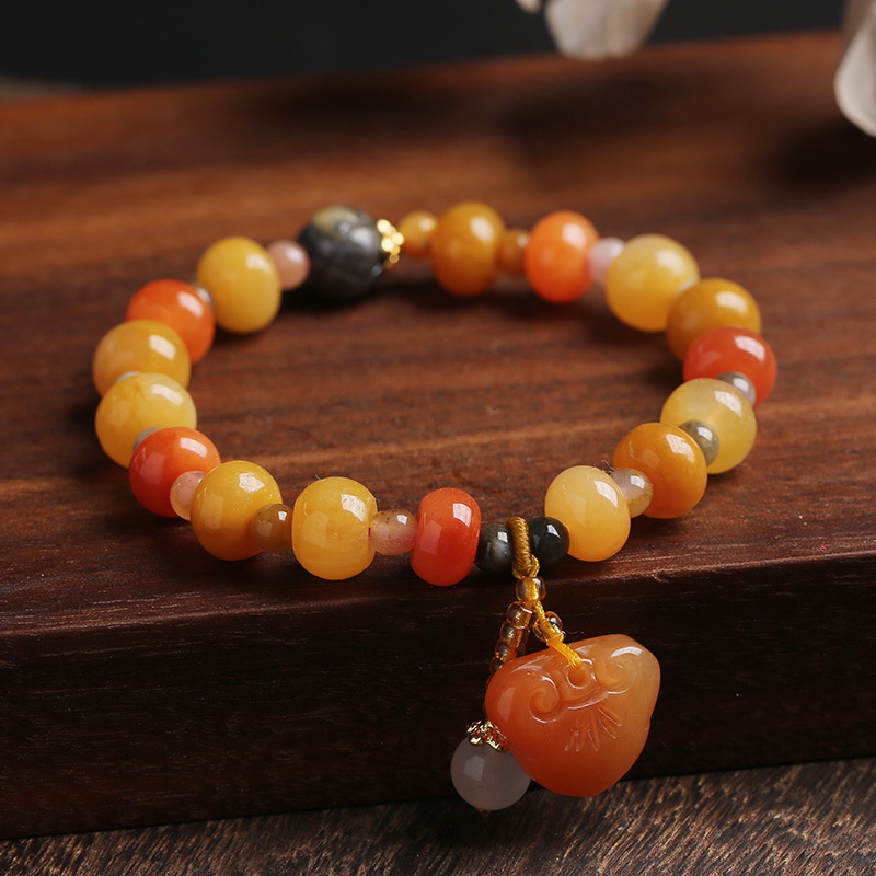 天然金丝玉算盘珠手链桶珠吊黄玉串珠手串民族风手饰平安锁