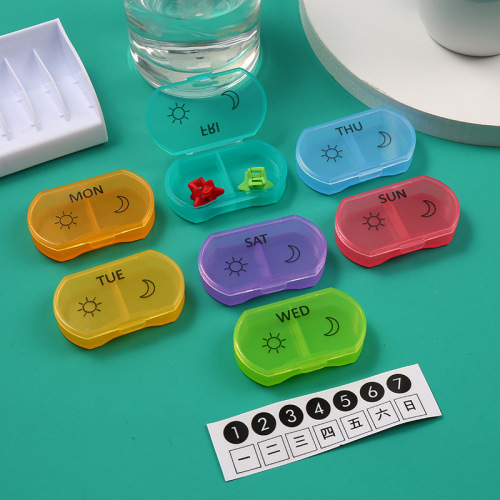New Compartment Medicine Box Portable for Students one-Week Pill Box Morning and Evening Packing Colorful Independent Lattice Pill Box Customizable Logo 