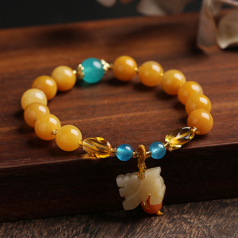 天然新疆金丝玉手链 时尚新款男女金丝玉圆珠手串情侣款貔貅批发