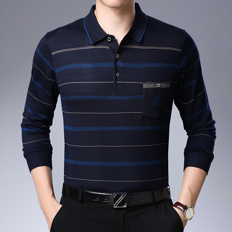 厂家直发春秋季男士长袖t恤衫中年真口袋宽松翻领Polo衫爸爸男装