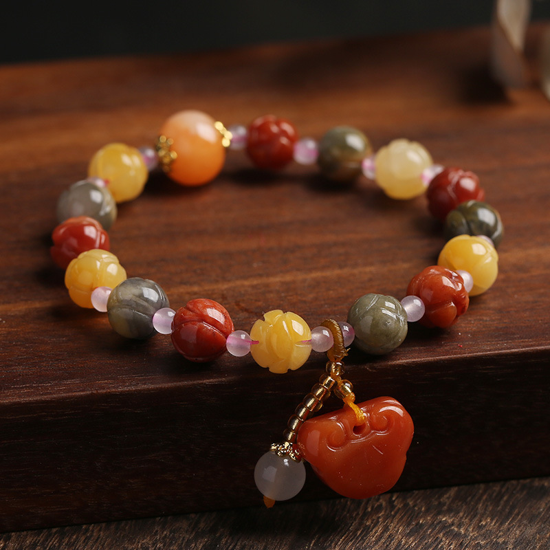 天然金丝玉手串天然新疆多色莲花珠手链石英岩玉吊平安锁饰品