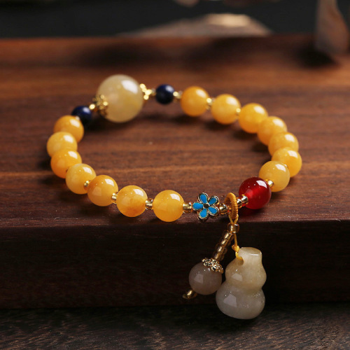 natural xinjiang jinsi jade yellow bracelet girlfriends gift small gourd tassel women‘s round beads jade bracelet