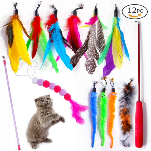 cross-border new cat toy set pet cat toy feather replacement head retractable fishing rod funny cat stick