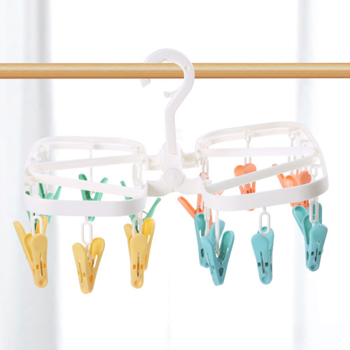Creative Folding Windproof Clothes Hanger Household Multi-Functional Plastic multi-Clip Hanger Baby Underclothes Socks Drying Rack