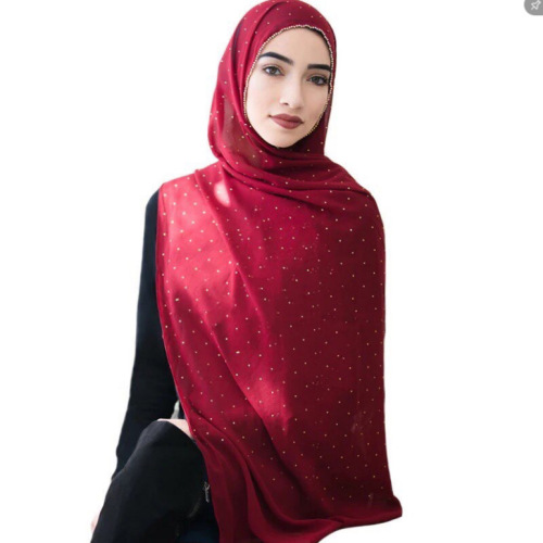 Cross-Border New Arrival Pearl Chiffon Diamond Scarf Spring and Summer Long Muslim Women‘s Hijab Scarf Jm03