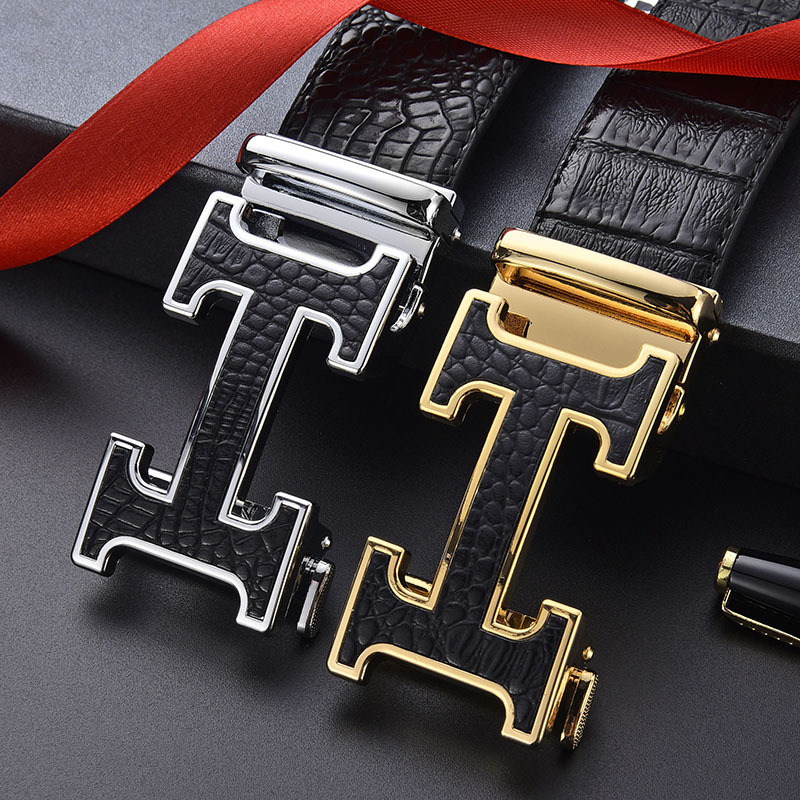 鳄鱼肚纹男士皮带时尚潮流牛皮腰带H自动扣商务休闲正装裤带