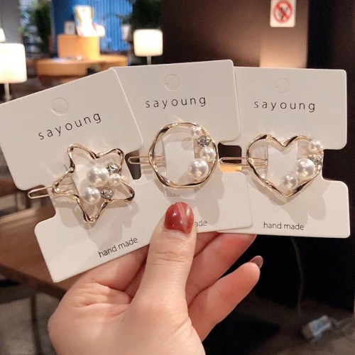 Internet Celebrity Ins Japanese， Korean， European and American Simple Sweet Pearl Side Clip Hairpin Heart-Shaped Five-Pointed Star Bang Clip Clip