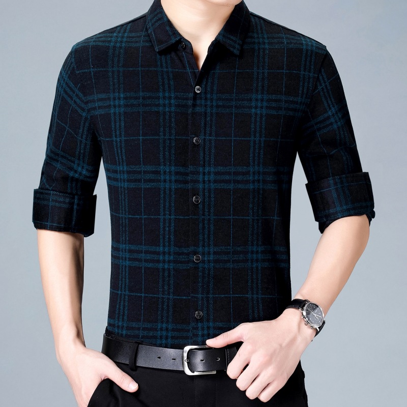 秋冬新款男装含羊毛长袖衬衫中年商务休闲格子男士薄衬衣厂家批发