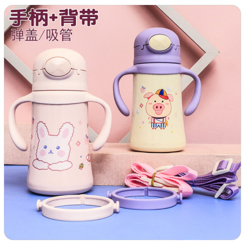 cute bunny baby handle strap portable insulated straw cup stainless steel feeding bottle baby drinking cup