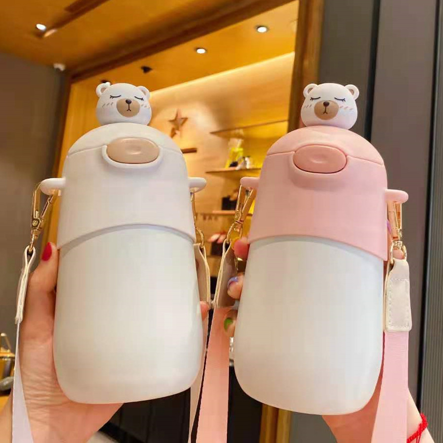 可爱少女心时尚不锈钢保温杯公仔duck熊大容量带吸管学生背带水杯
