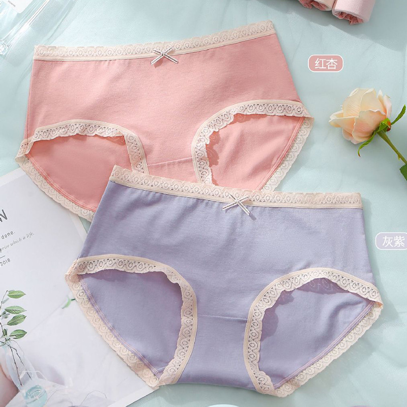 女士内裤 秋冬款舒适棉质内裤 可爱蝴蝶结蕾丝花边低腰印花三角裤