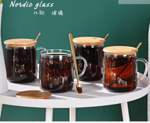 High Boron Glass Nordic English Cup with Wooden Lid and Spoon Cup