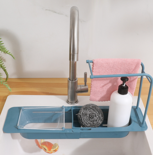 Kitchen Sink Draining Rack Sink Dishwashing Retractable Double-Layer Hollow Draining Basket Rag Storage Rack