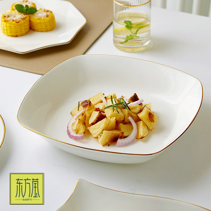 陶瓷盘骨瓷盘大盘深盘汤盘水果盘家用大盘子纯色镶黄金边西餐盘