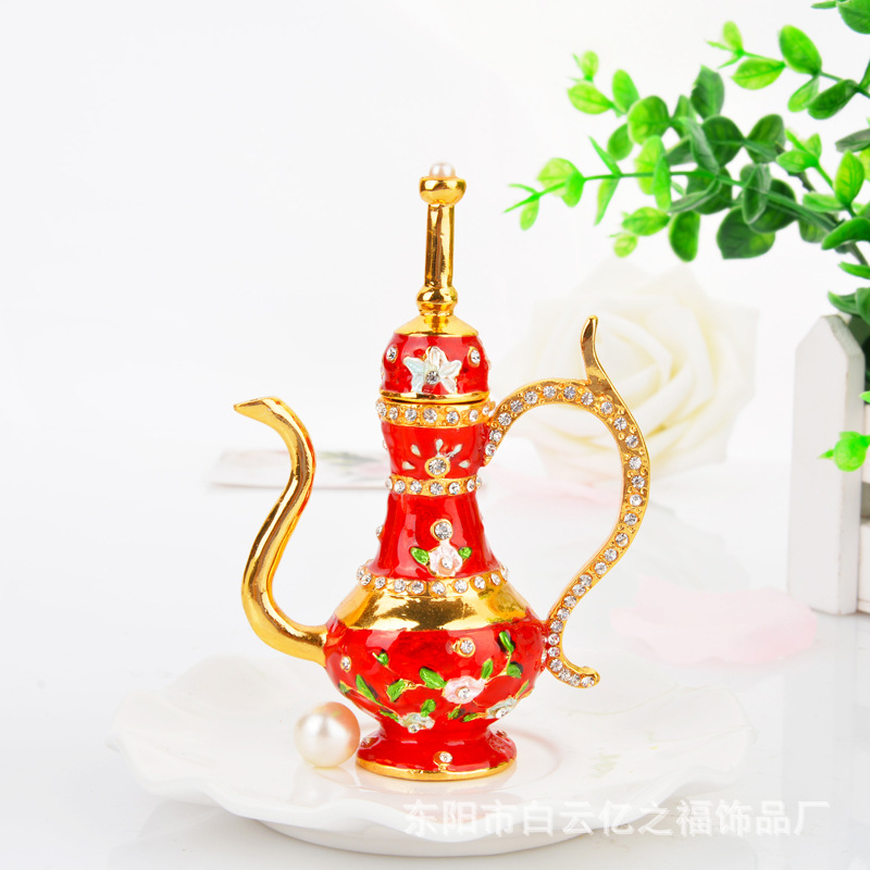 批发金属工艺品首饰盒创意礼品彩绘壶阿拉丁摆件镶钻壶厂家供应