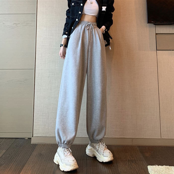 夏季韩版2021新款宽松高腰束脚哈伦休闲裤卫裤学生运动风裤子女装