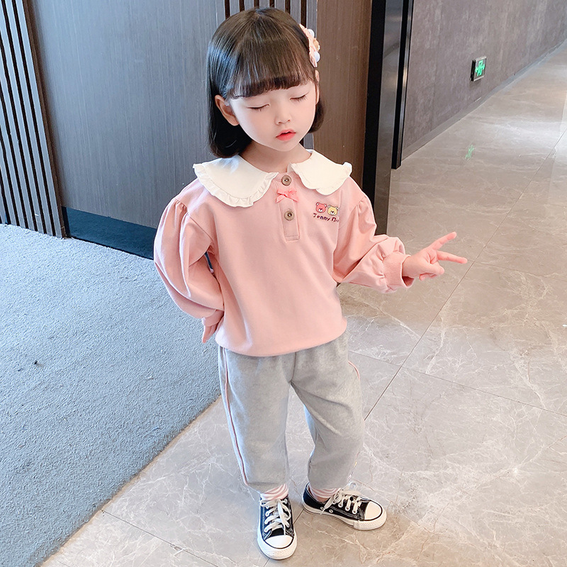 秋春季新款韩版女童娃娃领可爱卫衣套装洋气时尚小熊两件套可代发