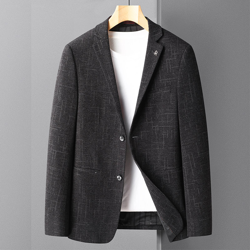 毛料西服男2021秋冬新款弹力免烫格纹男式休闲小西装外套修身单西