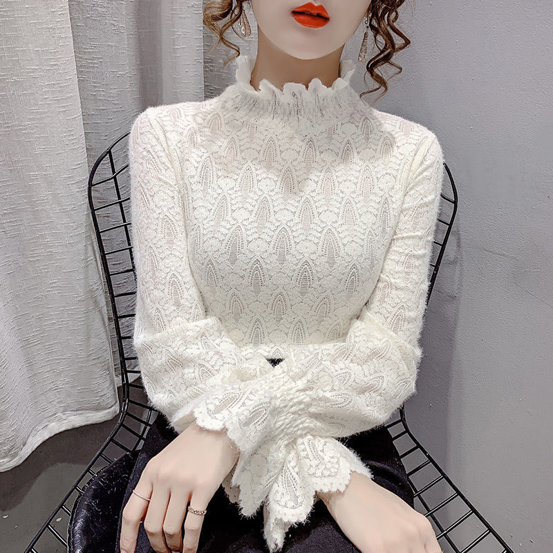 2021秋冬新款蕾丝衫半高领小衫女款网纱打底衫长袖雪纺衫蕾丝内搭