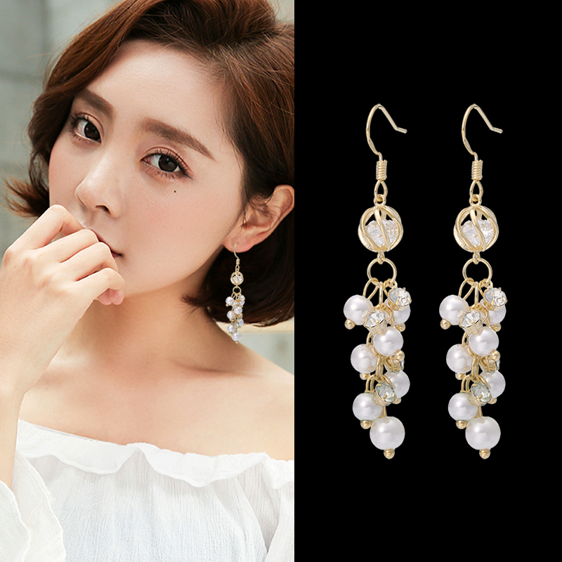 新款巴洛克珍珠耳环花朵长款流苏耳坠气质日韩大方耳饰女青春耳挂