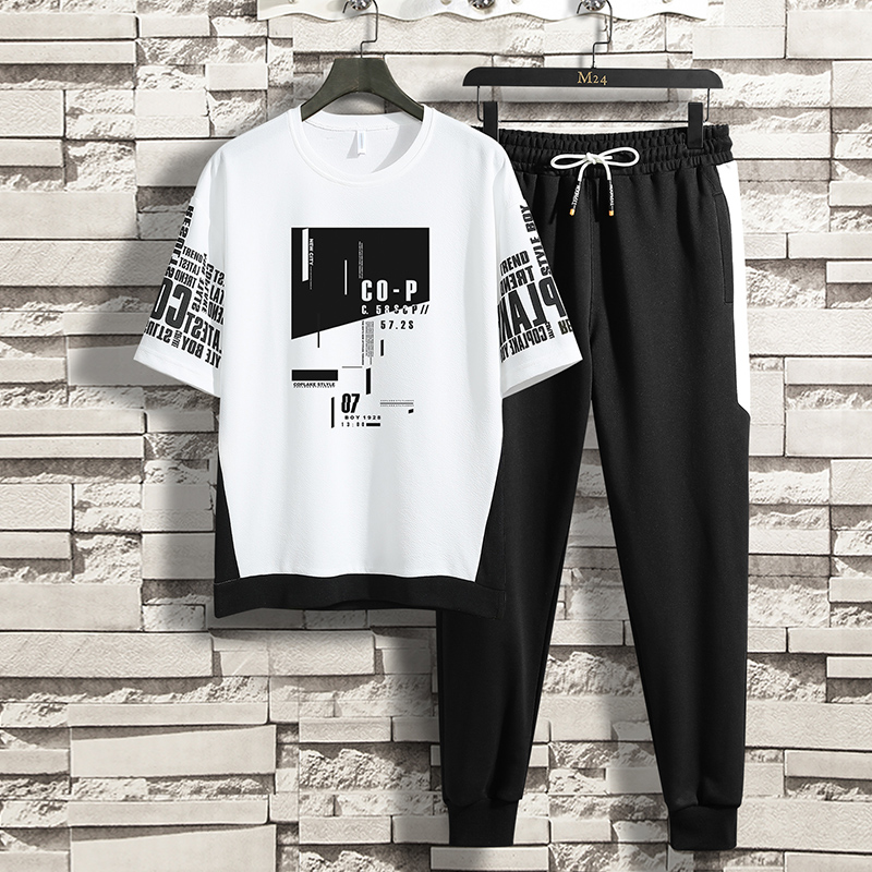 夏季套装男2020新款潮流衣服 男士青少年短袖t恤 男装t恤套装长裤