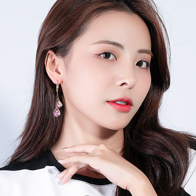 水晶双水滴耳坠女INS气质时尚轻奢耳环糖果多色简约长款百搭耳挂