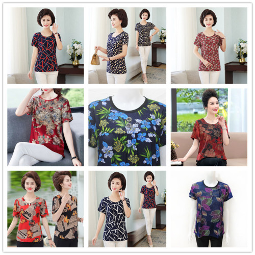 summer short sleeve t-shirt for moms ice silk round neck top national style shirt large size loose half sleeve for middle-aged and elderly