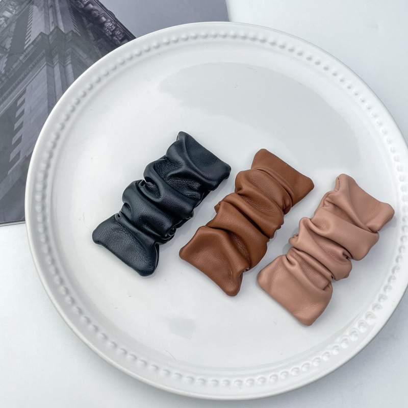 韩版insPU皮质褶皱BB夹气质甜美秋冬边夹外出女碎发夹发夹发饰