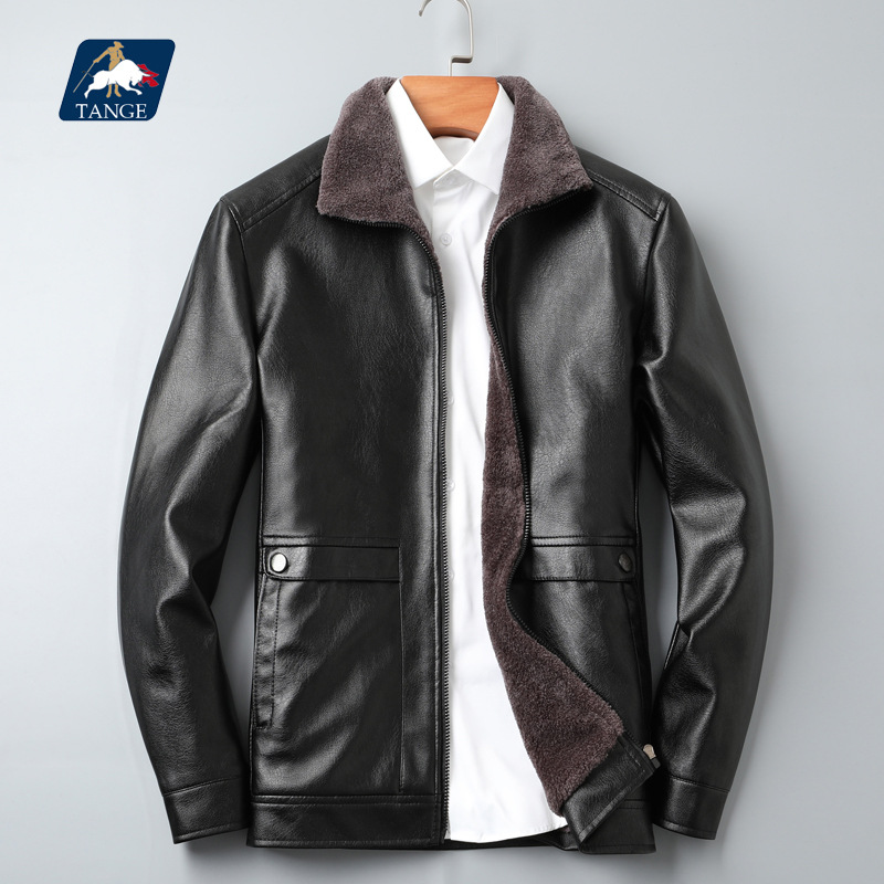 2021秋冬加绒加厚小翻领pu皮衣男皮毛一体中老年男士皮夹克