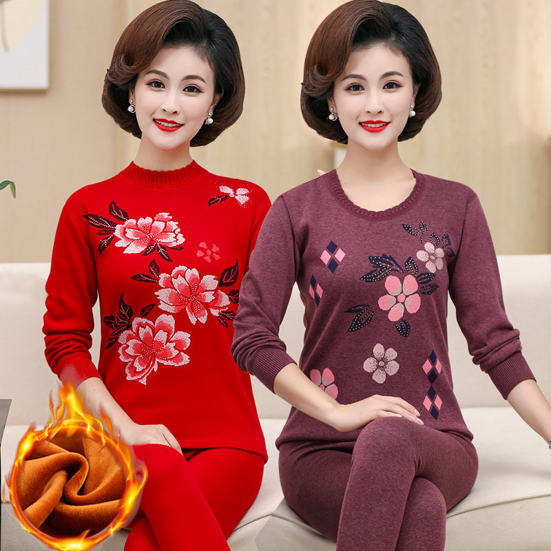 中老年保暖内衣套装女士加厚加绒妈妈纯棉秋衣秋裤老人棉毛衫冬季