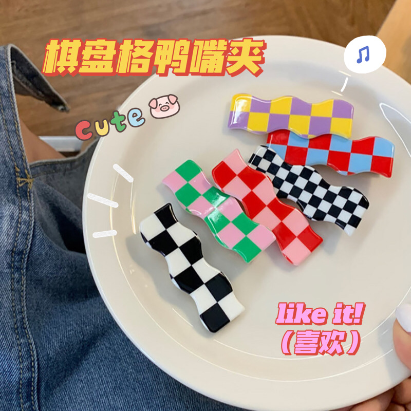 ins波浪棋盘格发夹甜美百搭刘海夹彩色格子发卡边夹网红发饰女潮
