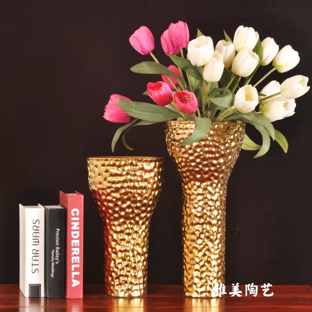 新古典轻奢电镀陶瓷高脚花瓶花器 客厅展厅工艺品桌面装饰品摆件