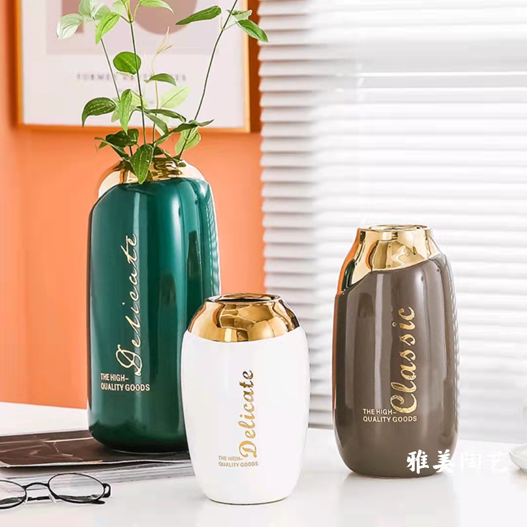 北欧轻奢电镀陶瓷花瓶 现代创意简约客厅餐桌电视柜装饰家居摆件