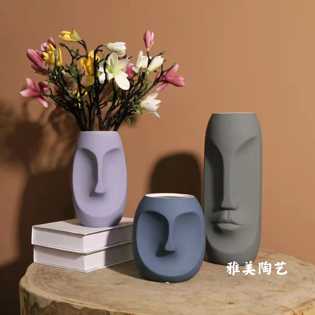 简约品质创意款 莫兰迪哑光磨砂人脸陶瓷花瓶 桌面摆设装饰工艺品