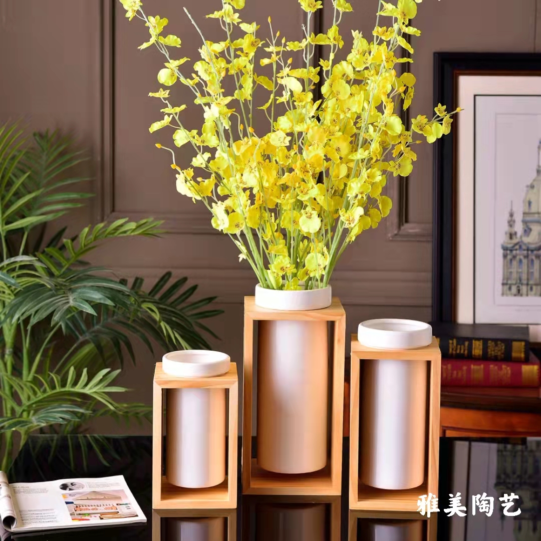 新中式简奢禅意实原木白色陶瓷花瓶家居装饰摆件玄关电视柜工艺品