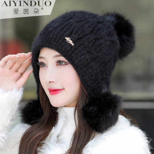 Women‘s Hat Autumn and Winter New Three Fur Ball Rabbit Fur Solid Color Knitted Hat Casual All-Match Velvet Warm Wool Hat Tide