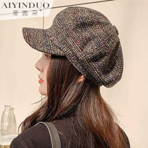korean thick plaid woolen octagonal hat female korean fashion casual beret ear protection warm british painter hat