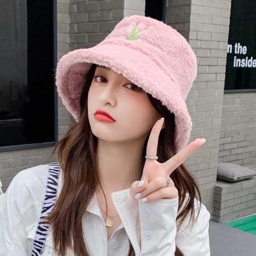 Korean Style Autumn and Winter Hat Female Internet Celebrity All-Match Fisherman Hat Winter Imitation Lambswool Warm Cute Bunny Thick Basin Hat