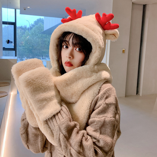 new winter thick cold-resistant warm rabbit fur scarf hat integrated korean style cute fluffy bear scarf hat