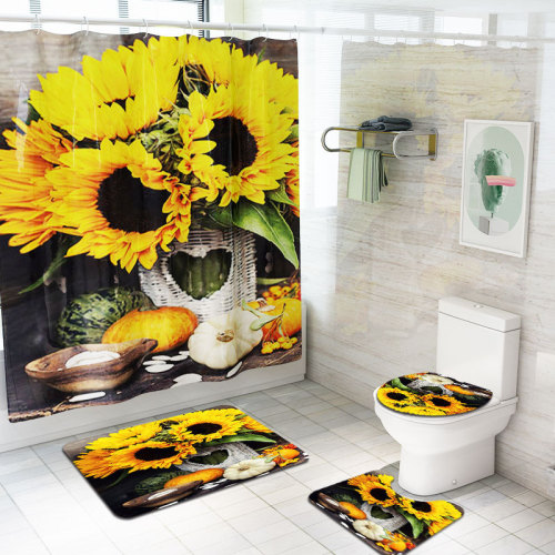 Sunflower Printing Shower Curtain Floor Mat Carpet Four-Piece Bathroom Toilet Mat Set Amazon Overseas Warehouse Exclusive