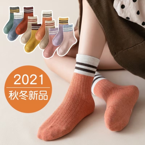 autumn and winter new male and female baby mid-calf warm cotton socks two bars classic children‘s socks comfortable warm boutique socks in stock
