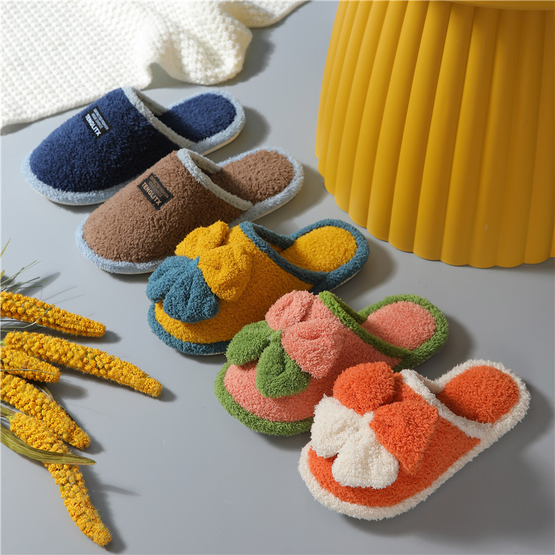 2021新款拖鞋休闲居家室内情侣蝴蝶结保暖百搭包头毛绒棉拖鞋